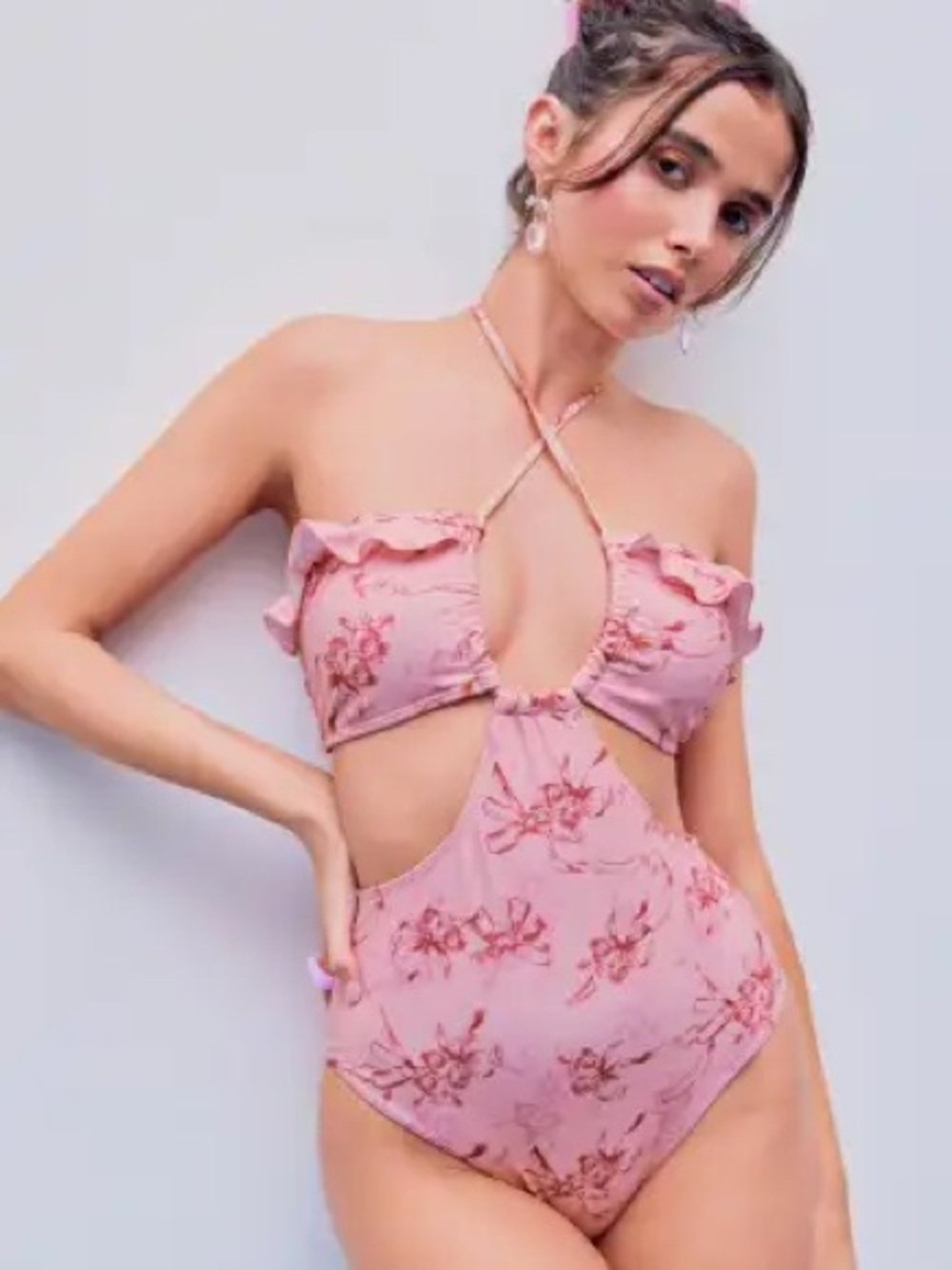 Cider Tummy Control Halter Floral Cut Out One Piece Swimsuit